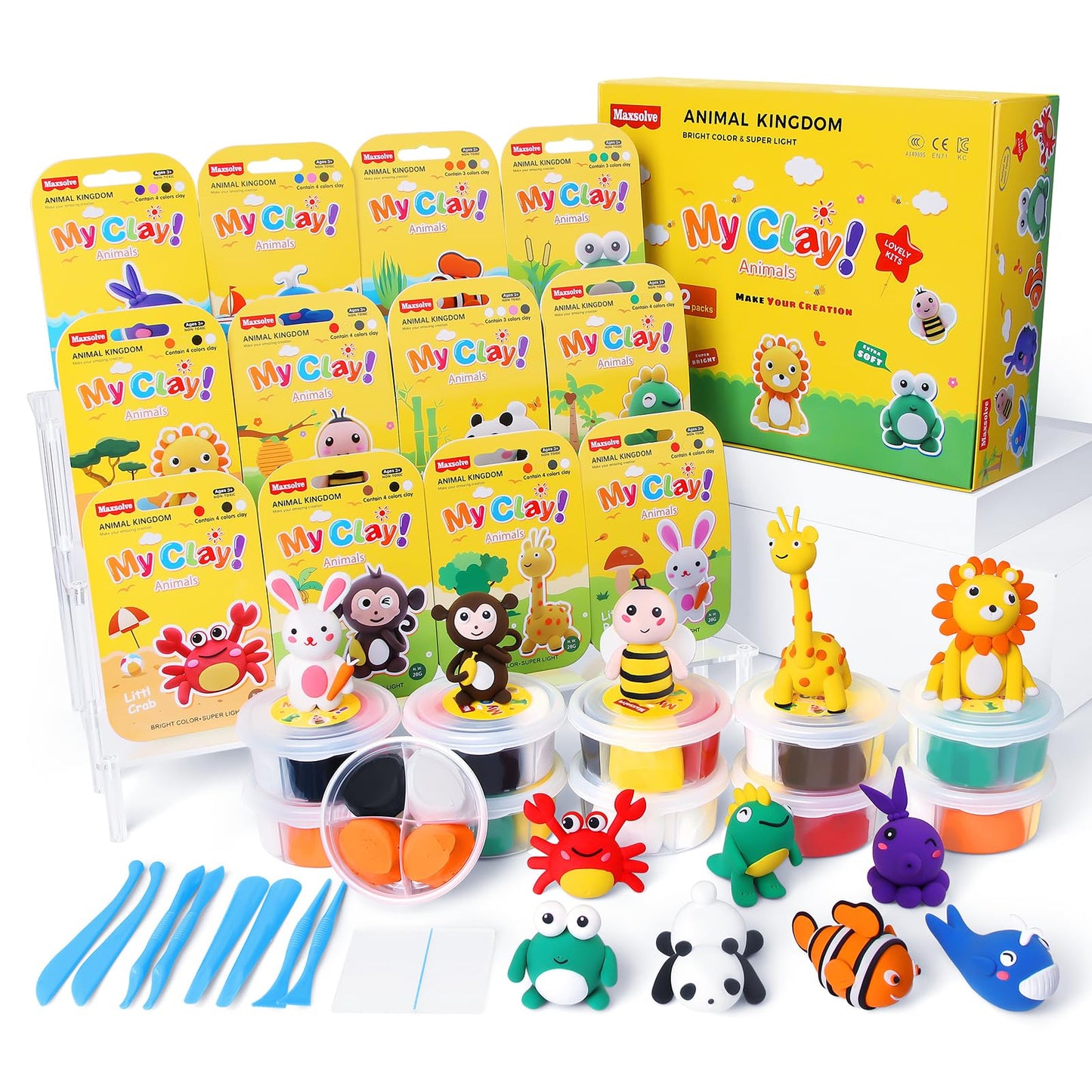 Maxsolve Air Dry Clay for Kids – 12 Animal Modeling Kit with 8 Tools & Clear Acrylic Sheet
