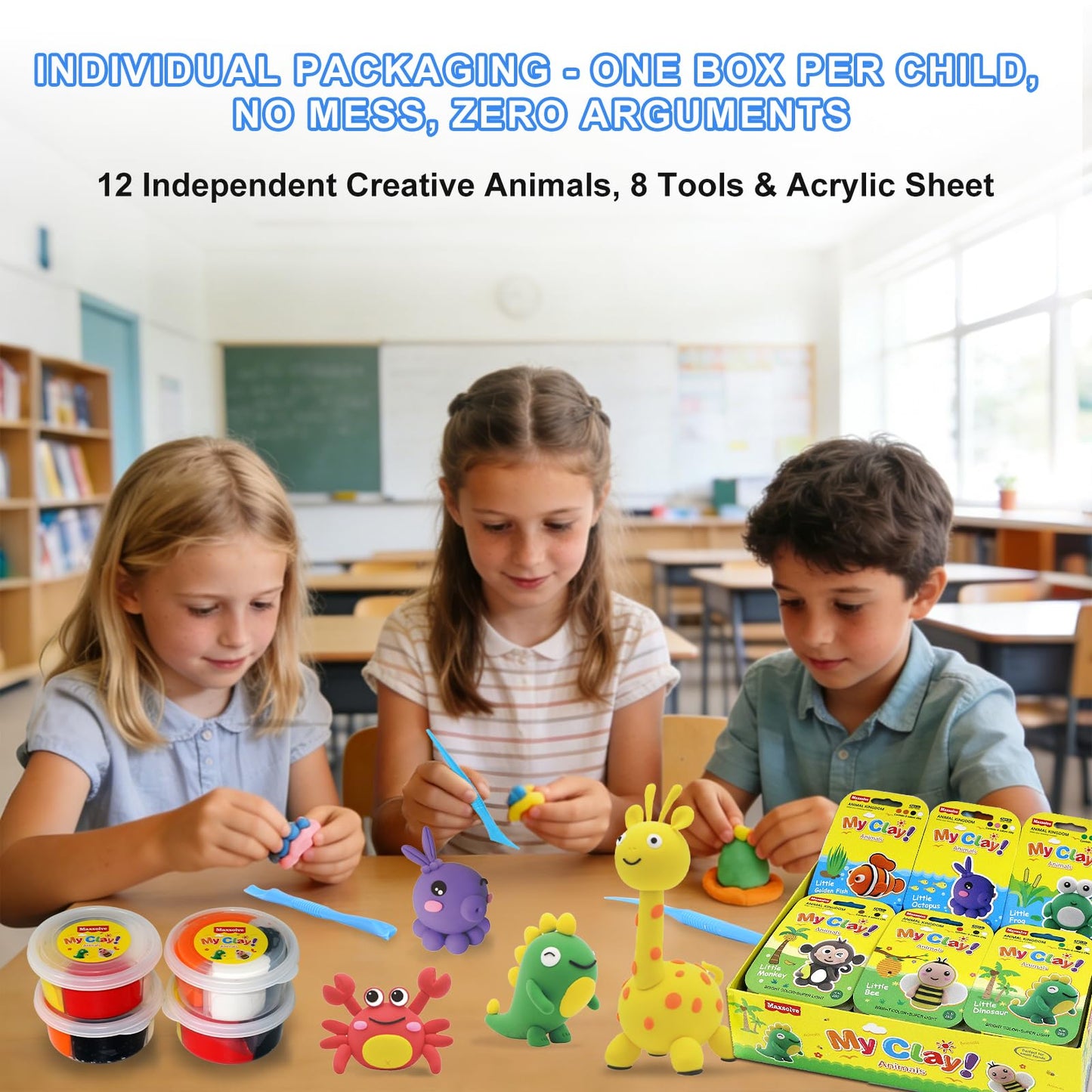 Maxsolve Air Dry Clay for Kids – 12 Animal Modeling Kit with 8 Tools & Clear Acrylic Sheet