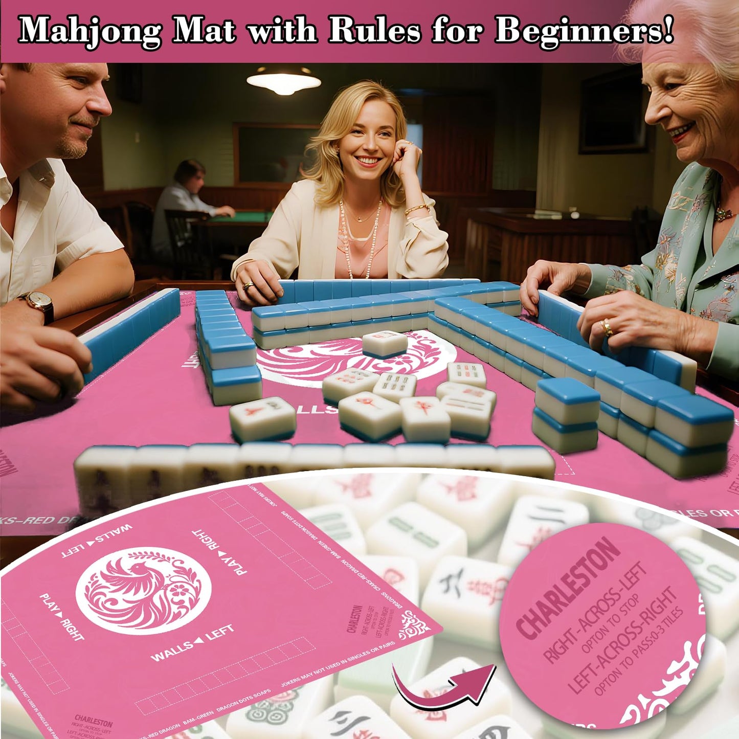 Maxsolve Mahjong Mat 31.5 x 31.5 in | Neoprene Table Mat with Rules, Anti-Slip & Noise Reduction