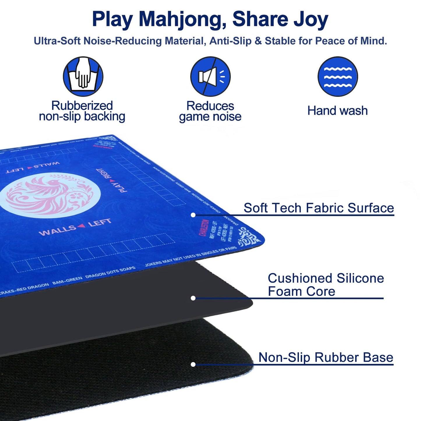 Maxsolve Mahjong Mat – 31.5 x 31.5 in Neoprene Table Mat, Anti-Slip, 3 mm, Blue