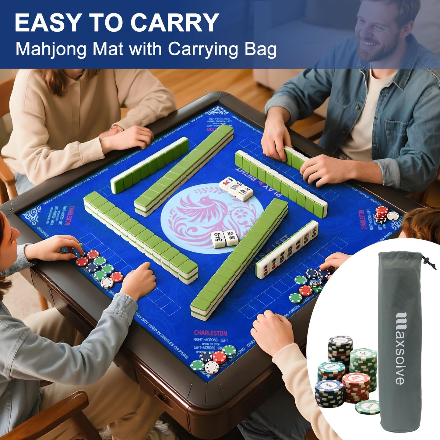 Maxsolve Mahjong Mat – 31.5 x 31.5 in Neoprene Table Mat, Anti-Slip, 3 mm, Blue