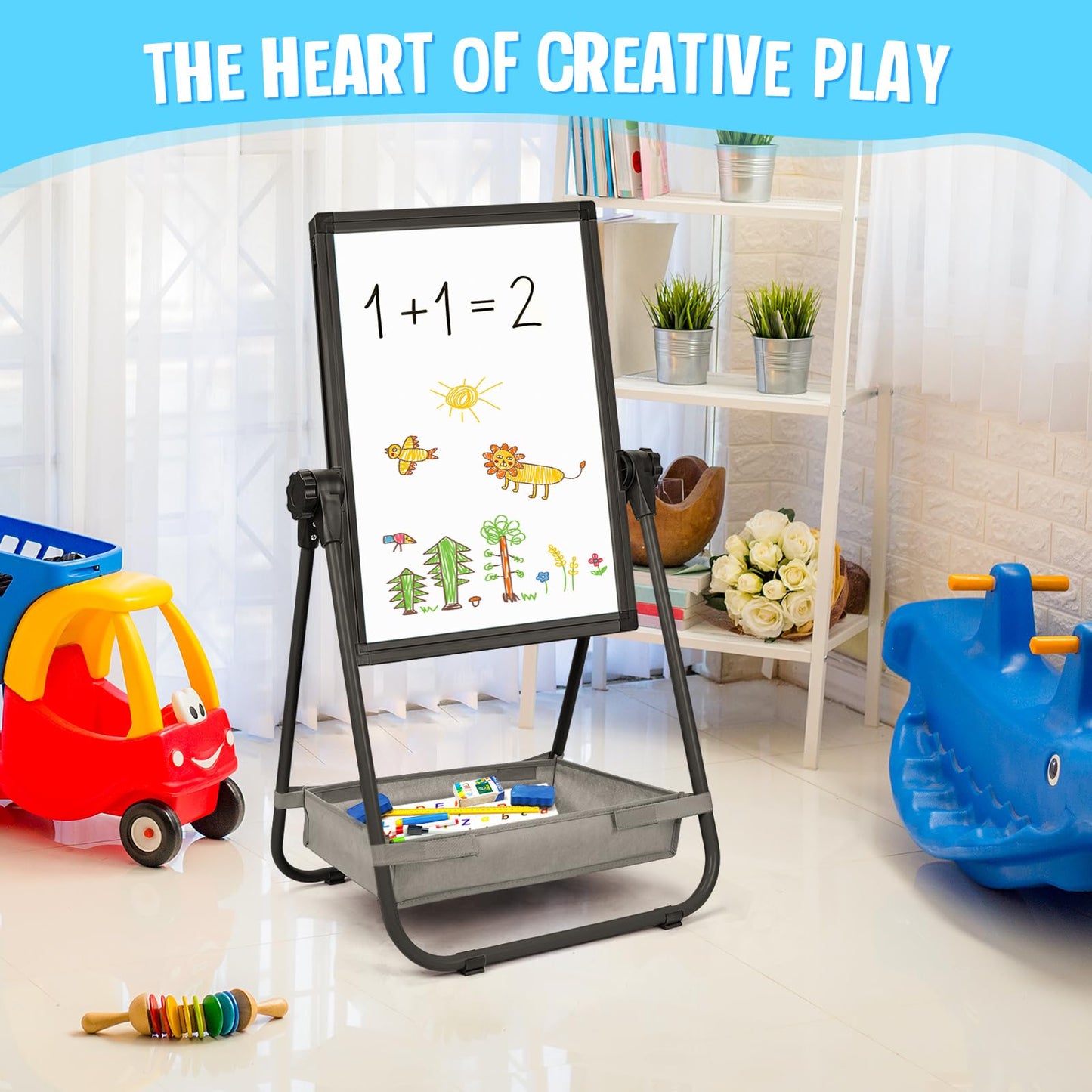 maxtek Kids Easel – 24x18in Adjustable Double-Sided Whiteboard & Chalkboard, 360° Rotating, Magnetic, Metal Frame