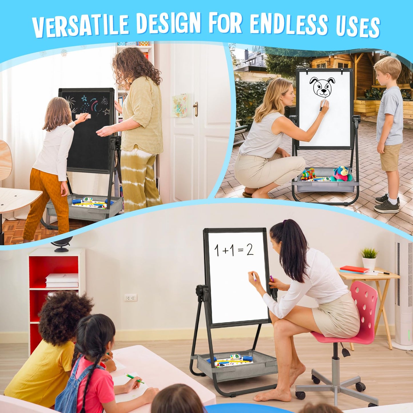 maxtek Kids Easel – 24x18in Adjustable Double-Sided Whiteboard & Chalkboard, 360° Rotating, Magnetic, Metal Frame