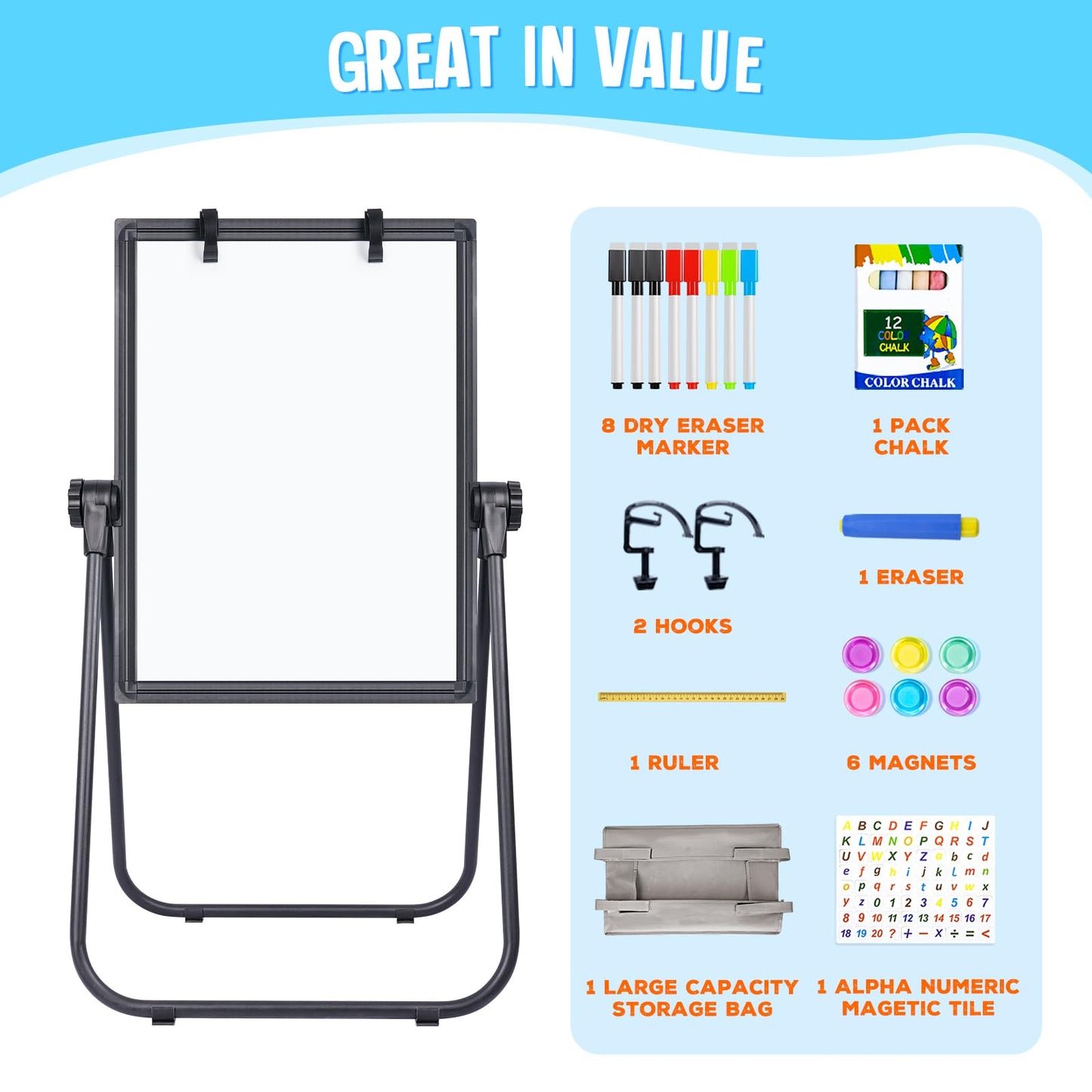 maxtek Kids Easel – 24x18in Adjustable Double-Sided Whiteboard & Chalkboard, 360° Rotating, Magnetic, Metal Frame