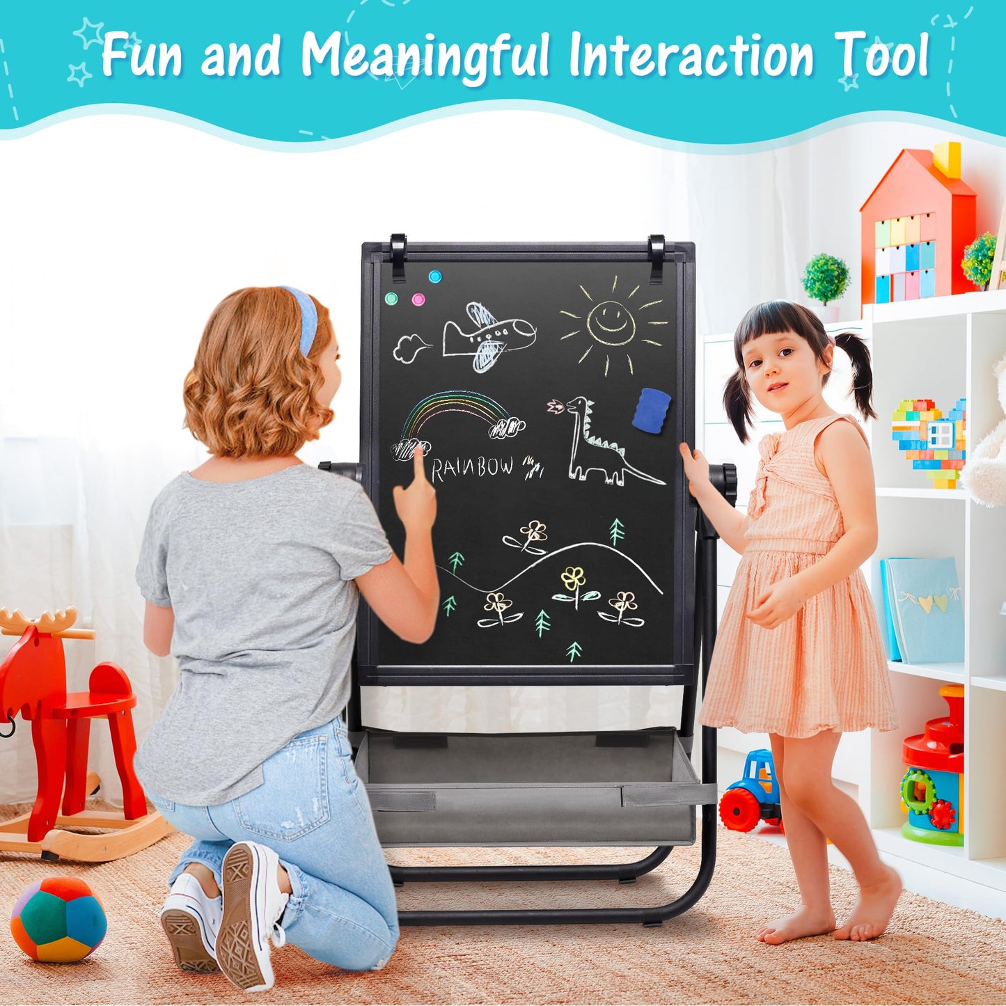 maxtek Kids Easel – 24x18in Adjustable Double-Sided Whiteboard & Chalkboard, 360° Rotating, Magnetic, Metal Frame
