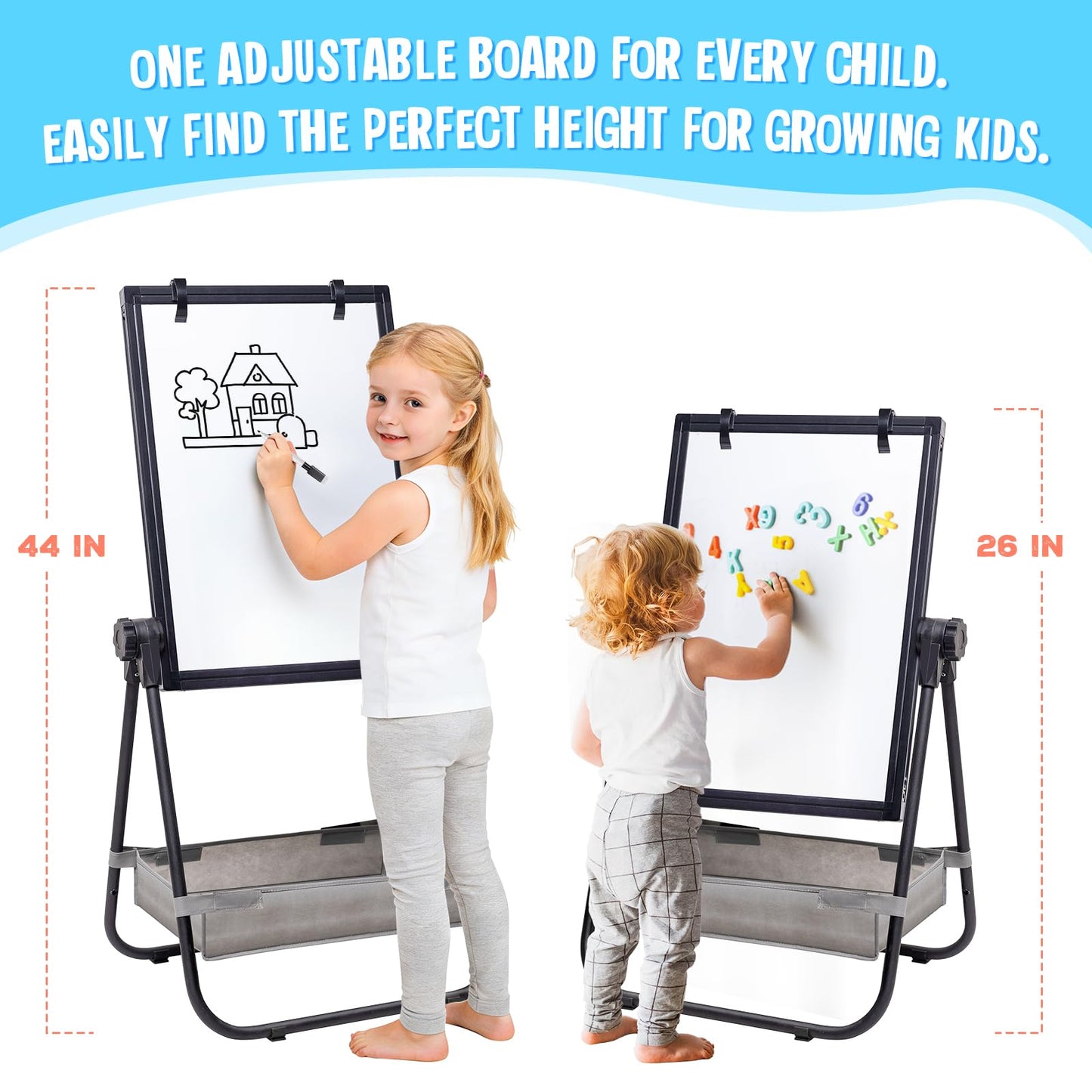 maxtek Kids Easel – 24x18in Adjustable Double-Sided Whiteboard & Chalkboard, 360° Rotating, Magnetic, Metal Frame