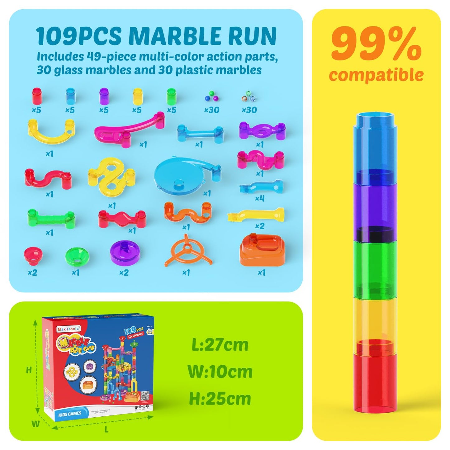 MaxTronic Marble Run Kit for Kids — 109-Piece 16mm Marble Maze, STEM Building Toys