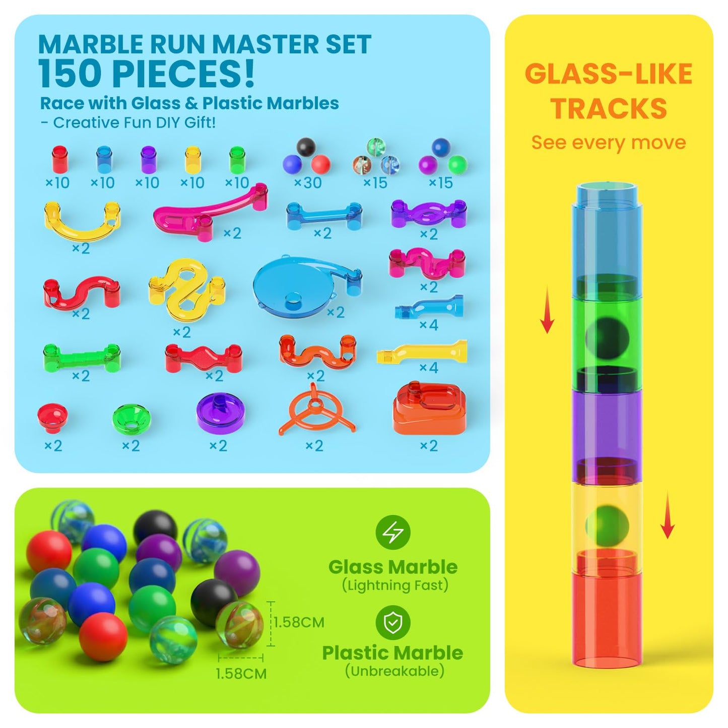 MaxTronic Marble Run 150 Pcs – STEM Building Toy for Kids 3–12