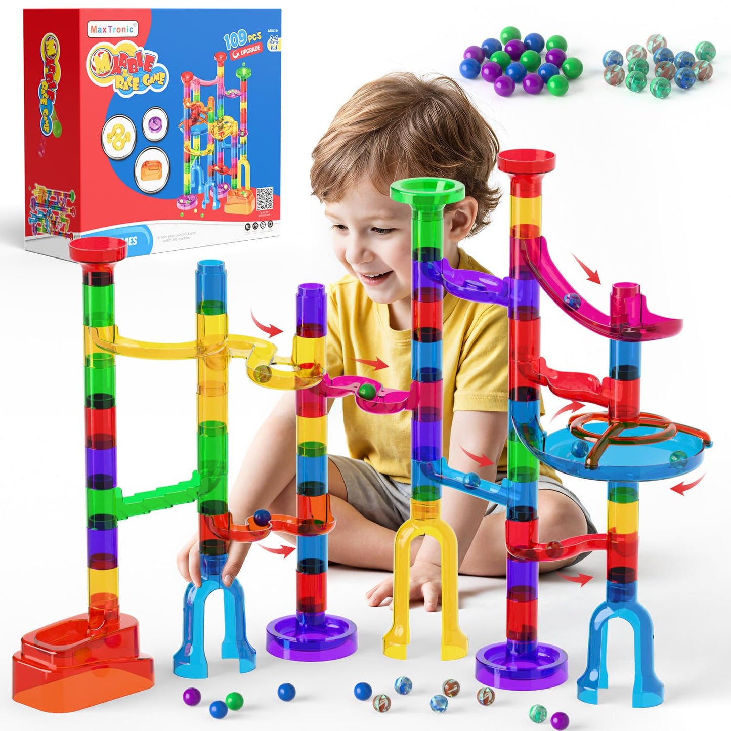 MaxTronic Marble Run Kit for Kids — 109-Piece 16mm Marble Maze, STEM Building Toys