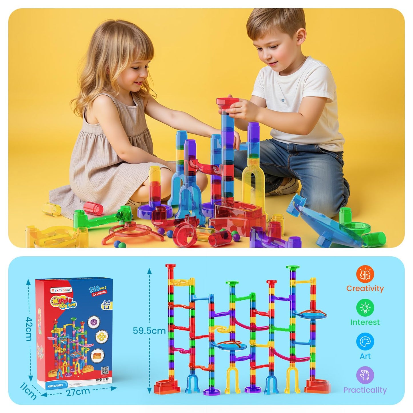 MaxTronic Marble Run 150 Pcs – STEM Building Toy for Kids 3–12