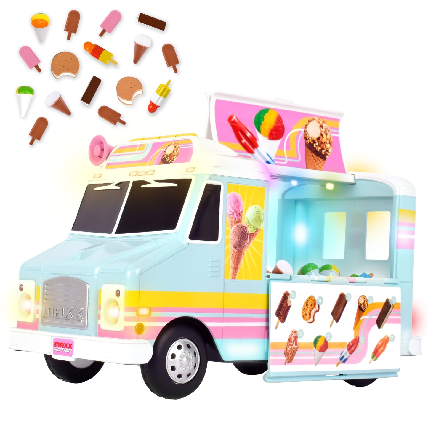 Maxx Action 12” Ice Cream Food Truck – Lights, Sounds & 16-Piece Miniatures | Imaginative Play for Kids 3+