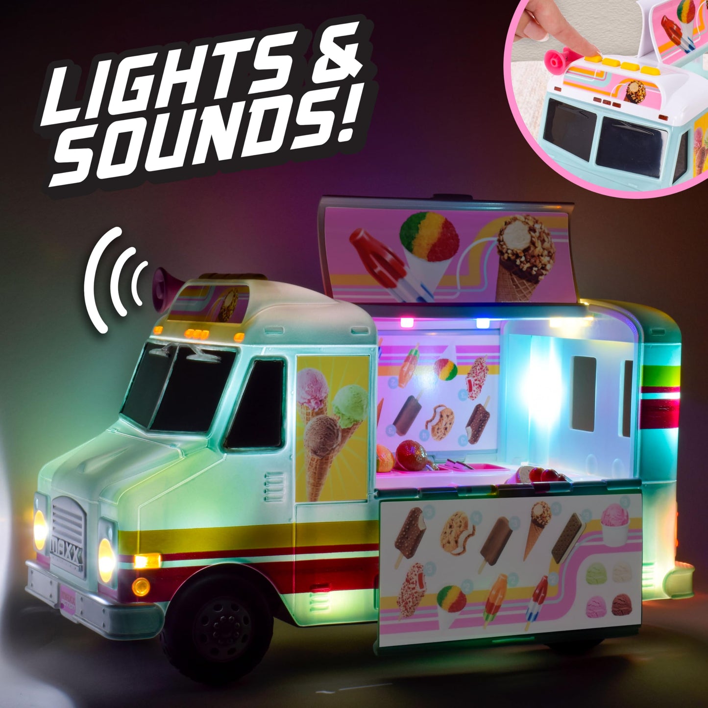 Maxx Action 12” Ice Cream Food Truck – Lights, Sounds & 16-Piece Miniatures | Imaginative Play for Kids 3+