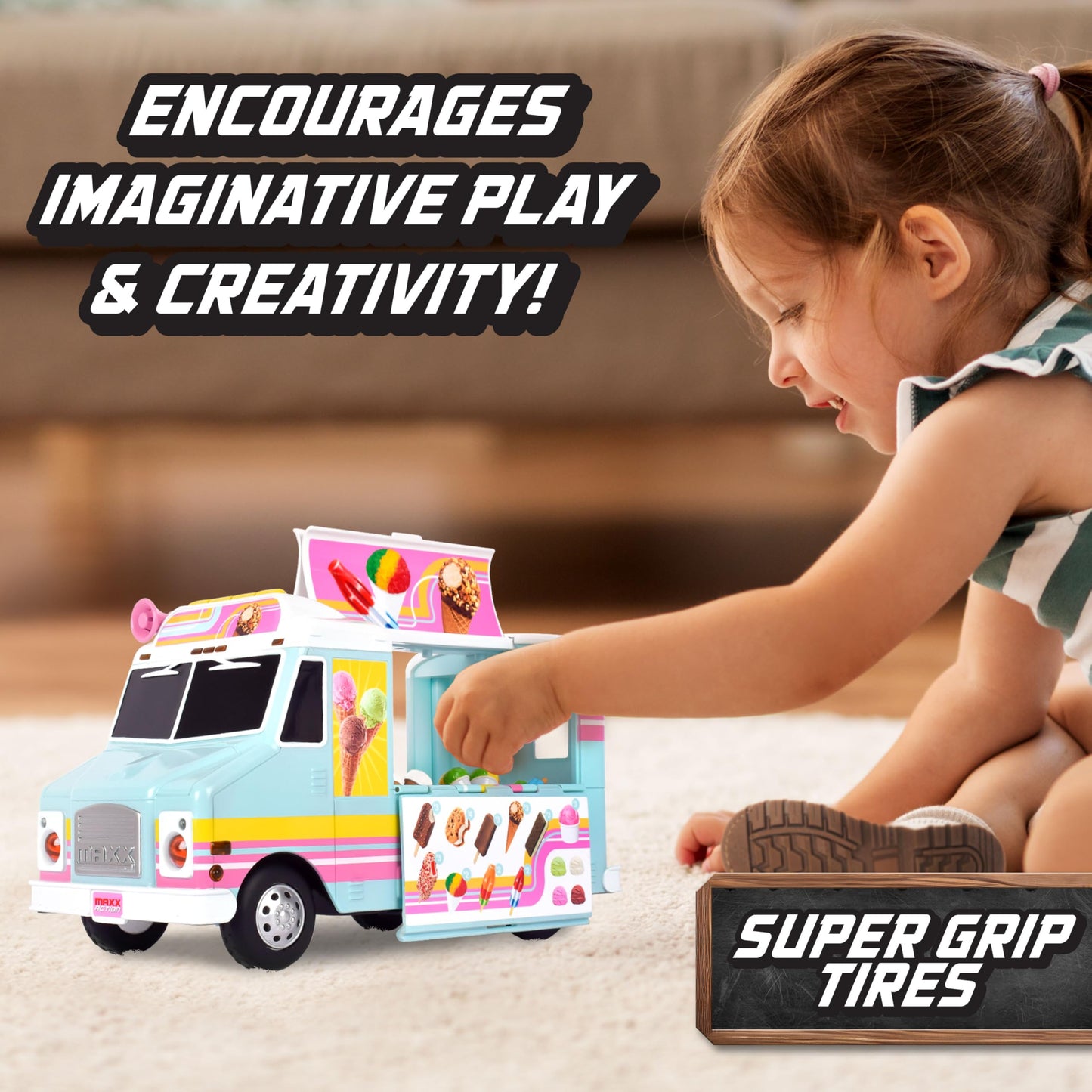 Maxx Action 12” Ice Cream Food Truck – Lights, Sounds & 16-Piece Miniatures | Imaginative Play for Kids 3+