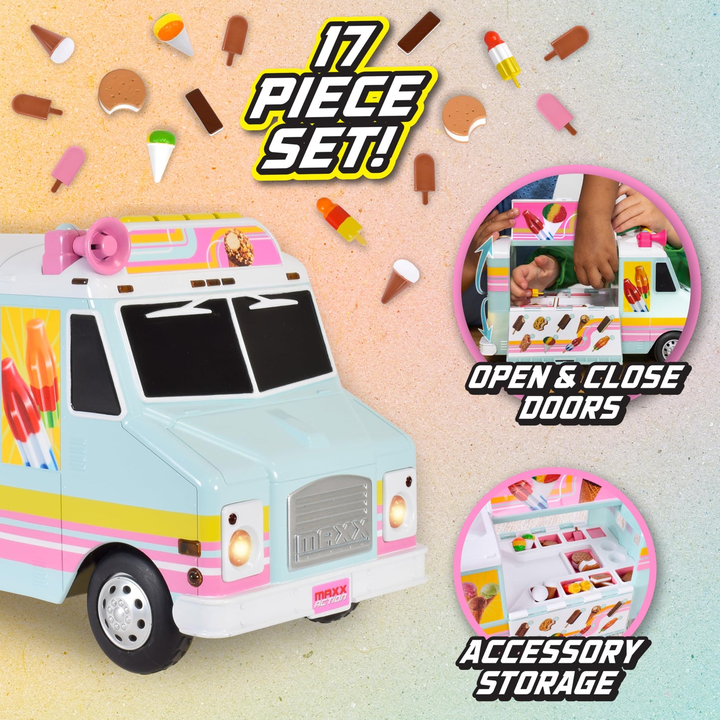Maxx Action 12” Ice Cream Food Truck – Lights, Sounds & 16-Piece Miniatures | Imaginative Play for Kids 3+