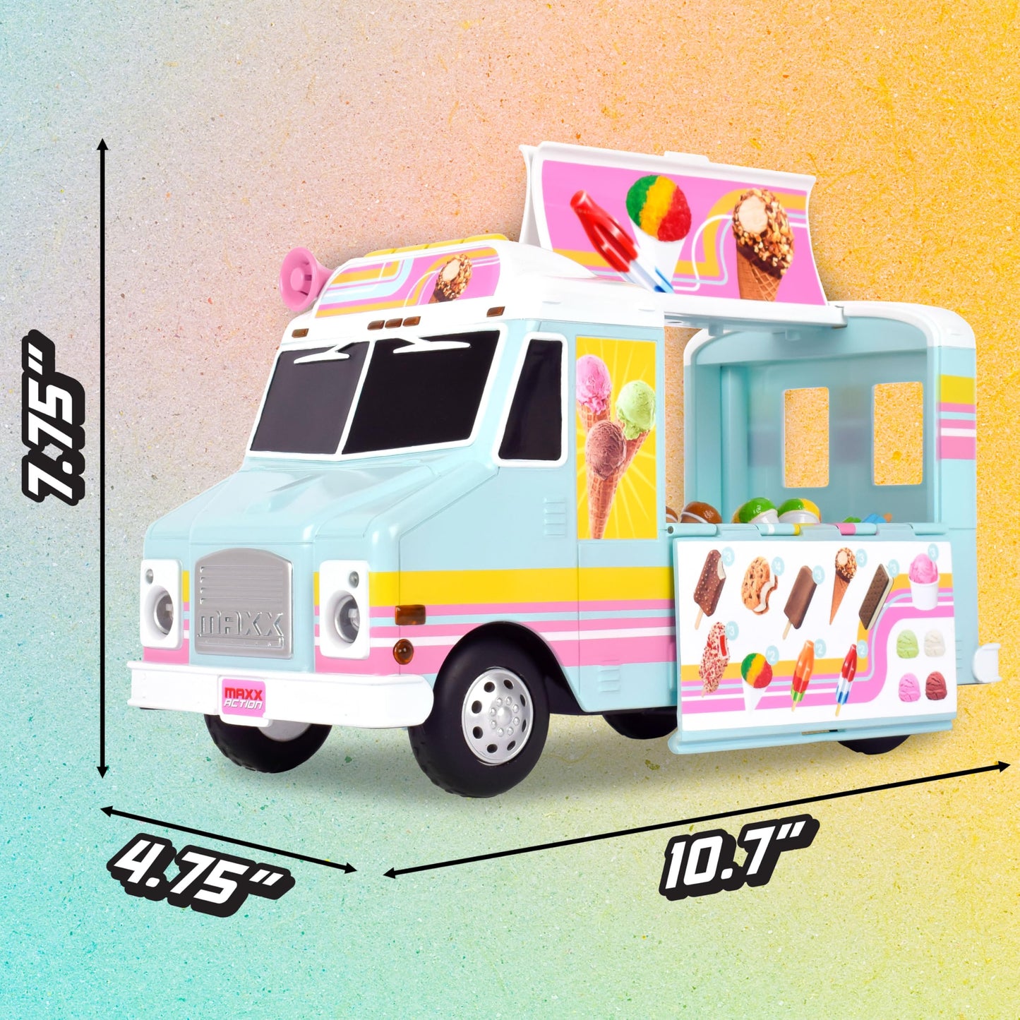 Maxx Action 12” Ice Cream Food Truck – Lights, Sounds & 16-Piece Miniatures | Imaginative Play for Kids 3+