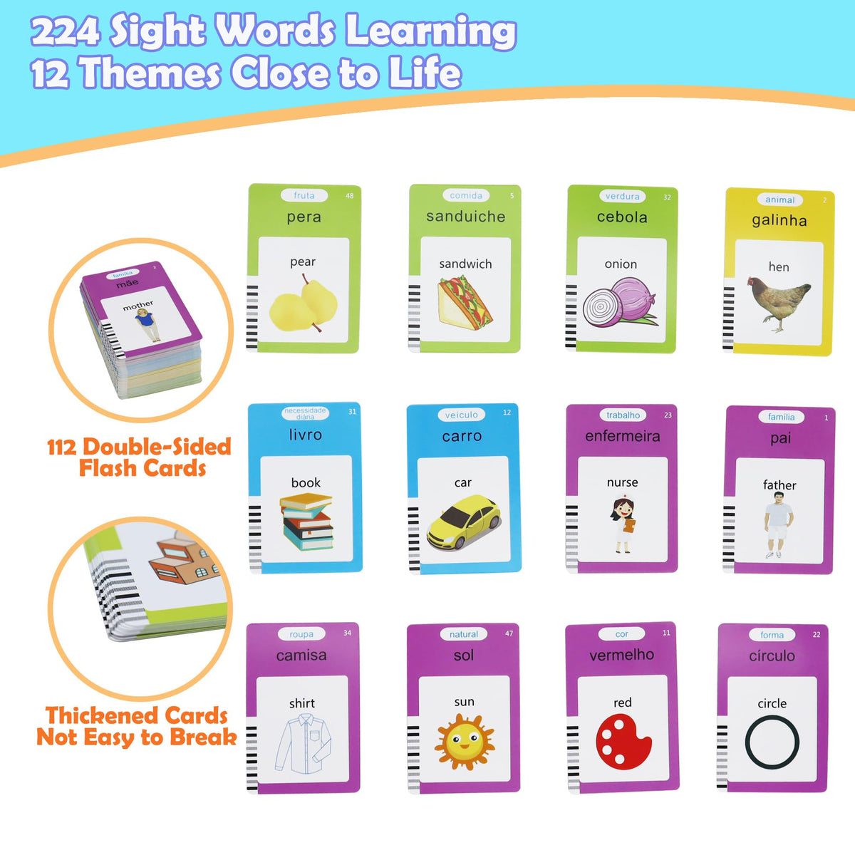MAYAPHILOS 510 English-Portuguese Sight Words Flash Cards for Toddlers | Bilingual Learning & No-Screen Fun