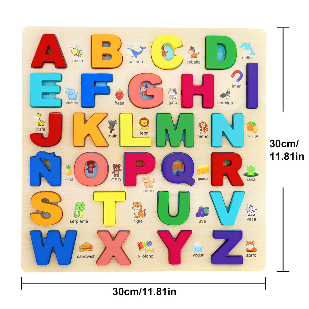 MAYAPHILOS Wooden Alphabet Puzzle — Learn 27 Spanish Letters for Kids