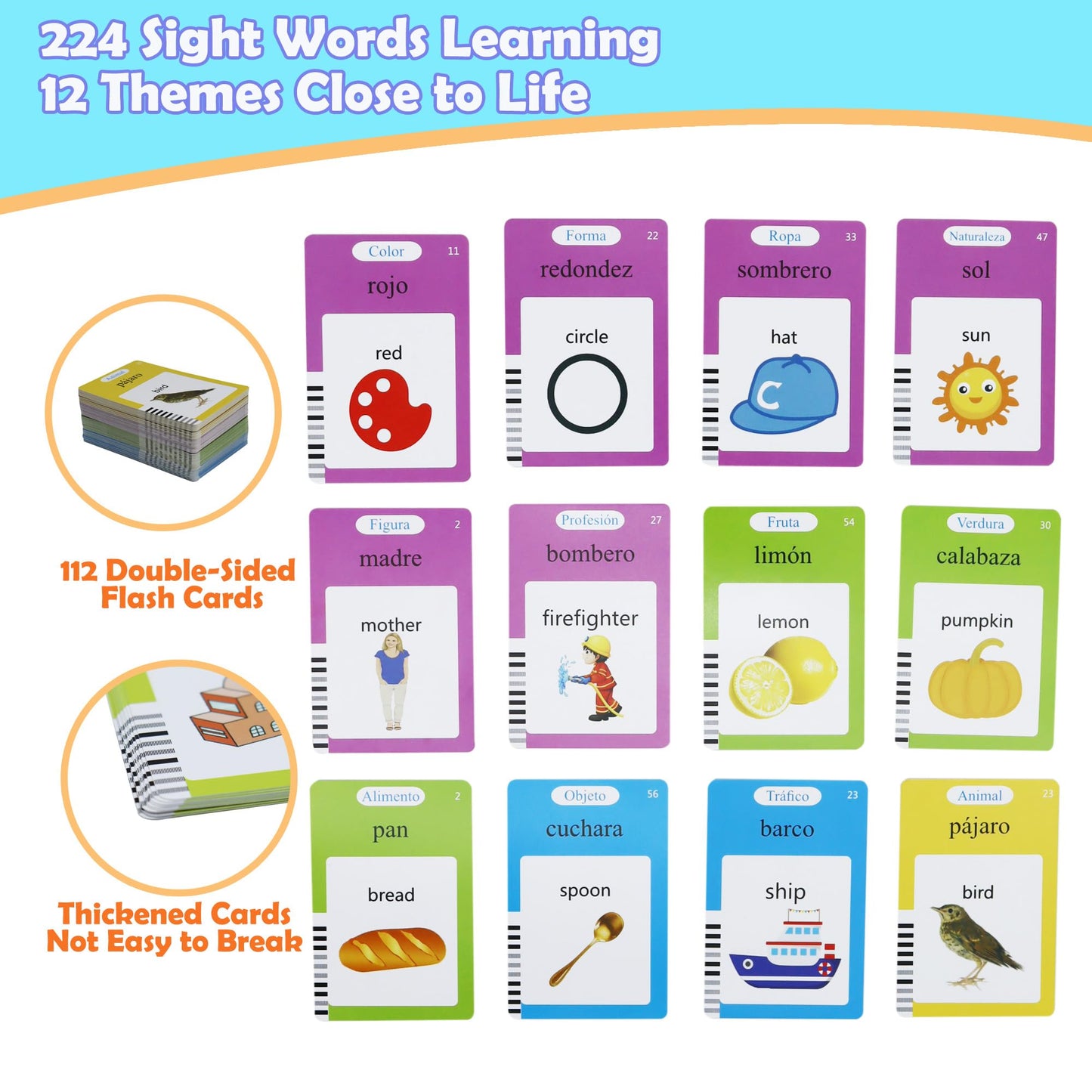 MAYAPHILOS Pocket Bilingual Flashcards — 224 Sight Words (English & Spanish)