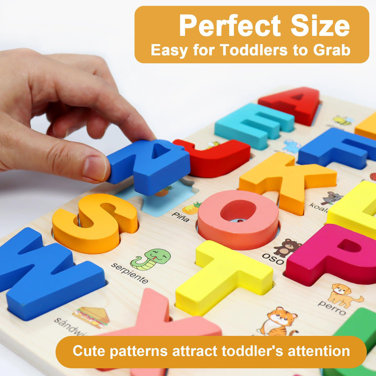 MAYAPHILOS Wooden Alphabet Puzzle — Learn 27 Spanish Letters for Kids