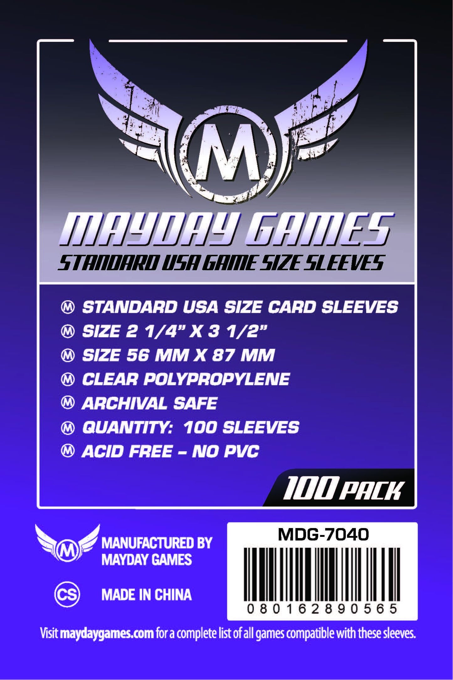 Mayday Games Purple Label 56x87mm Standard USA Card Sleeves (100) – Clear Polypropylene