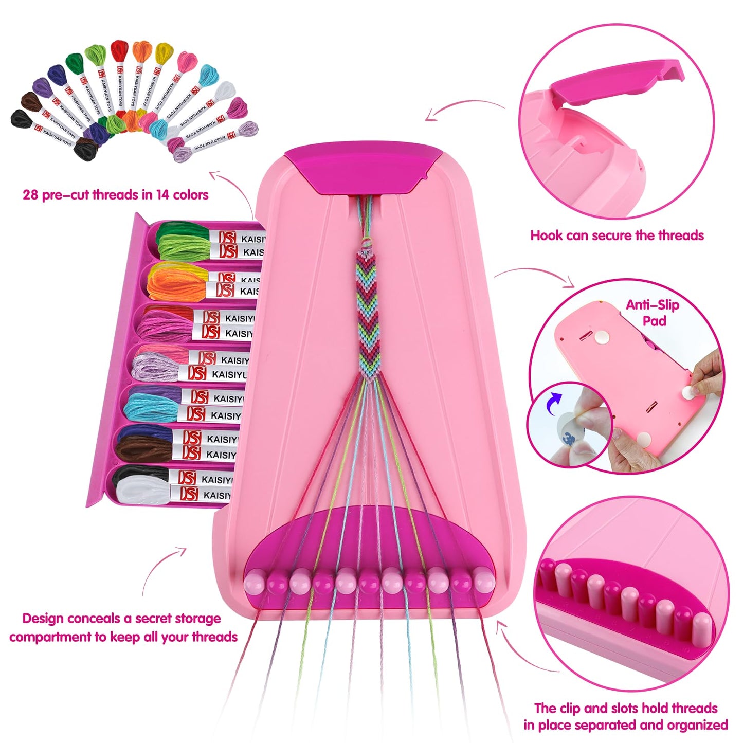 Maynacs Friendship Bracelet Making Kit for Kids 6-12 | 28 Pre-Cut Threads, 14 Colors, Non-Slip Pads, Pink