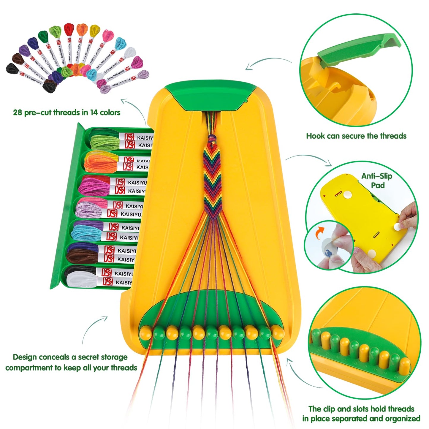 Maynacs Friendship Bracelet Kit for Kids Ages 8-12 – 28 Threads & Accessories (Green)