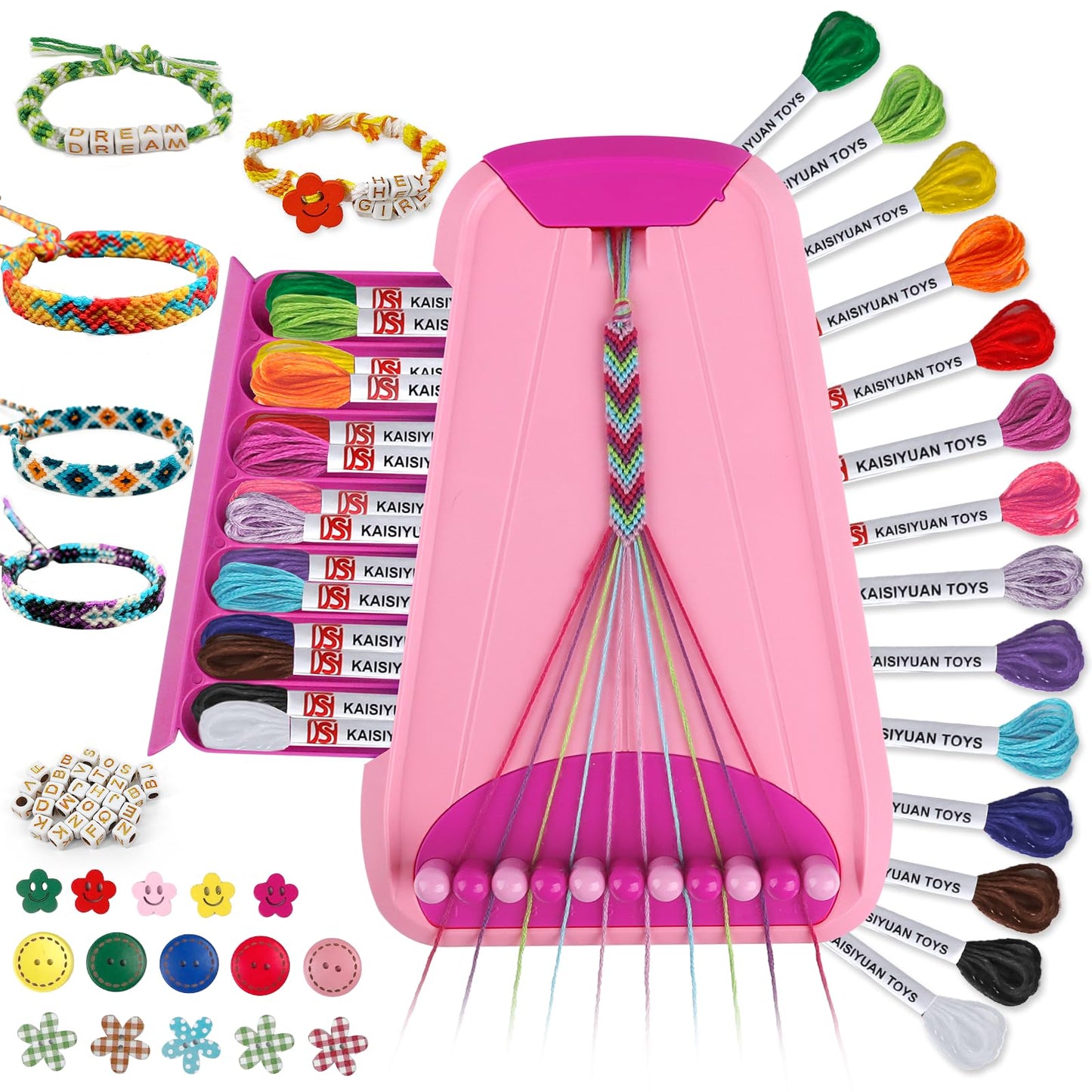 Maynacs Friendship Bracelet Making Kit for Kids 6-12 | 28 Pre-Cut Threads, 14 Colors, Non-Slip Pads, Pink