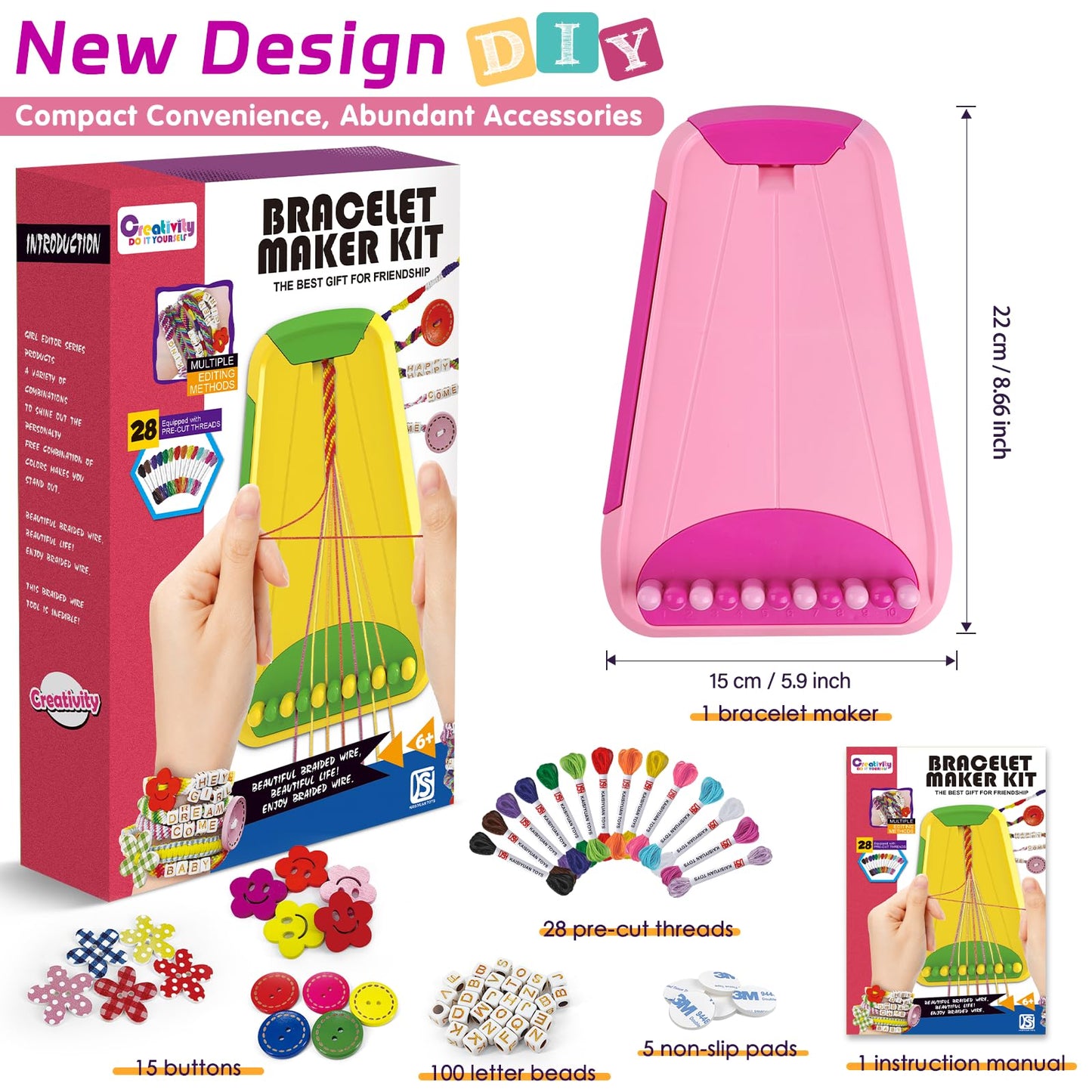 Maynacs Friendship Bracelet Making Kit for Kids 6-12 | 28 Pre-Cut Threads, 14 Colors, Non-Slip Pads, Pink