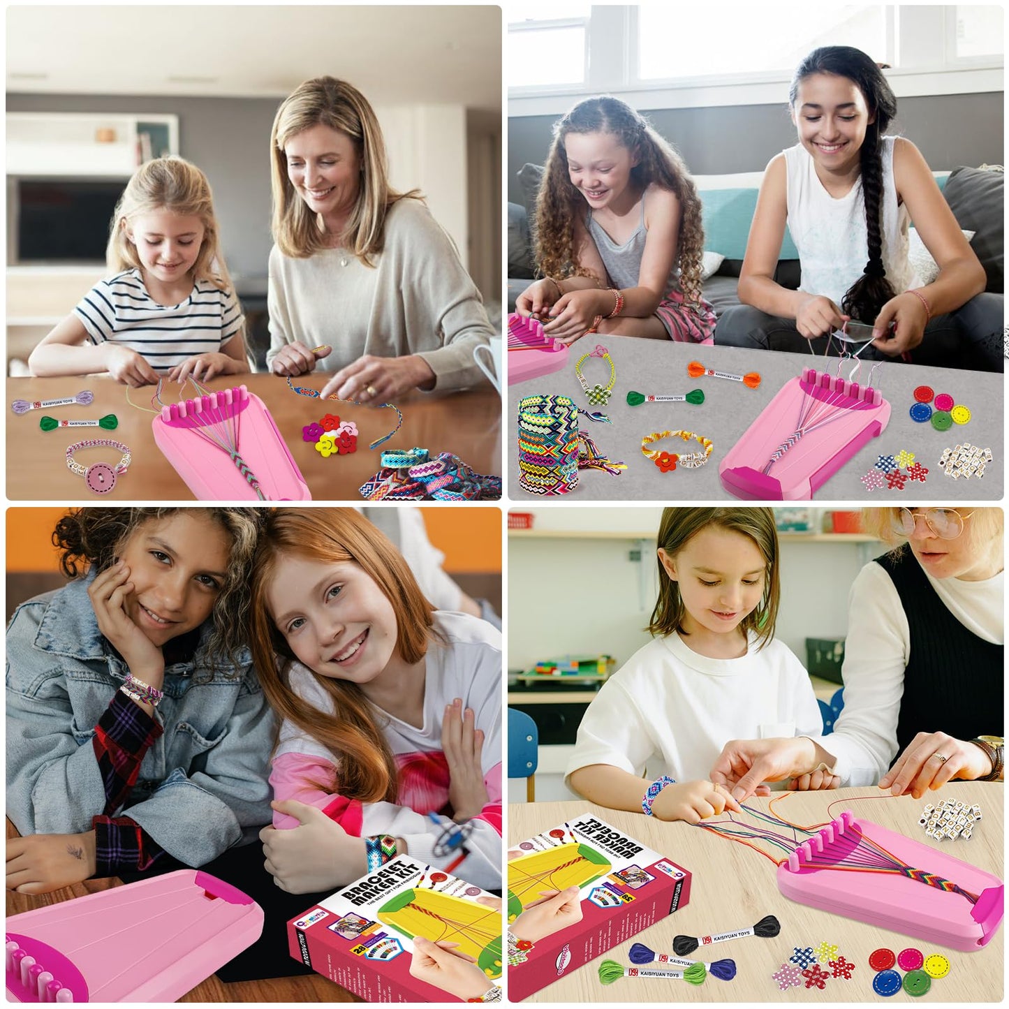 Maynacs Friendship Bracelet Making Kit for Kids 6-12 | 28 Pre-Cut Threads, 14 Colors, Non-Slip Pads, Pink