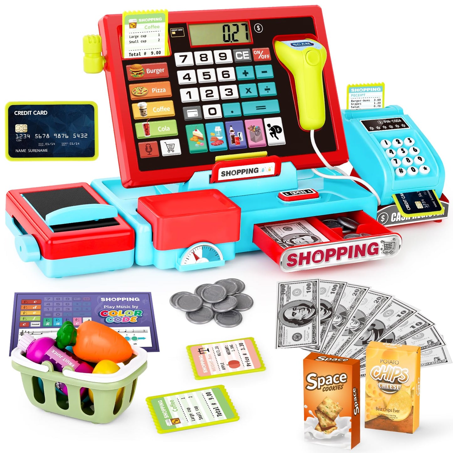 Maysida 52PCS Toy Cash Register with Sound & Scanner – Educational Pretend Play for Kids 3-8