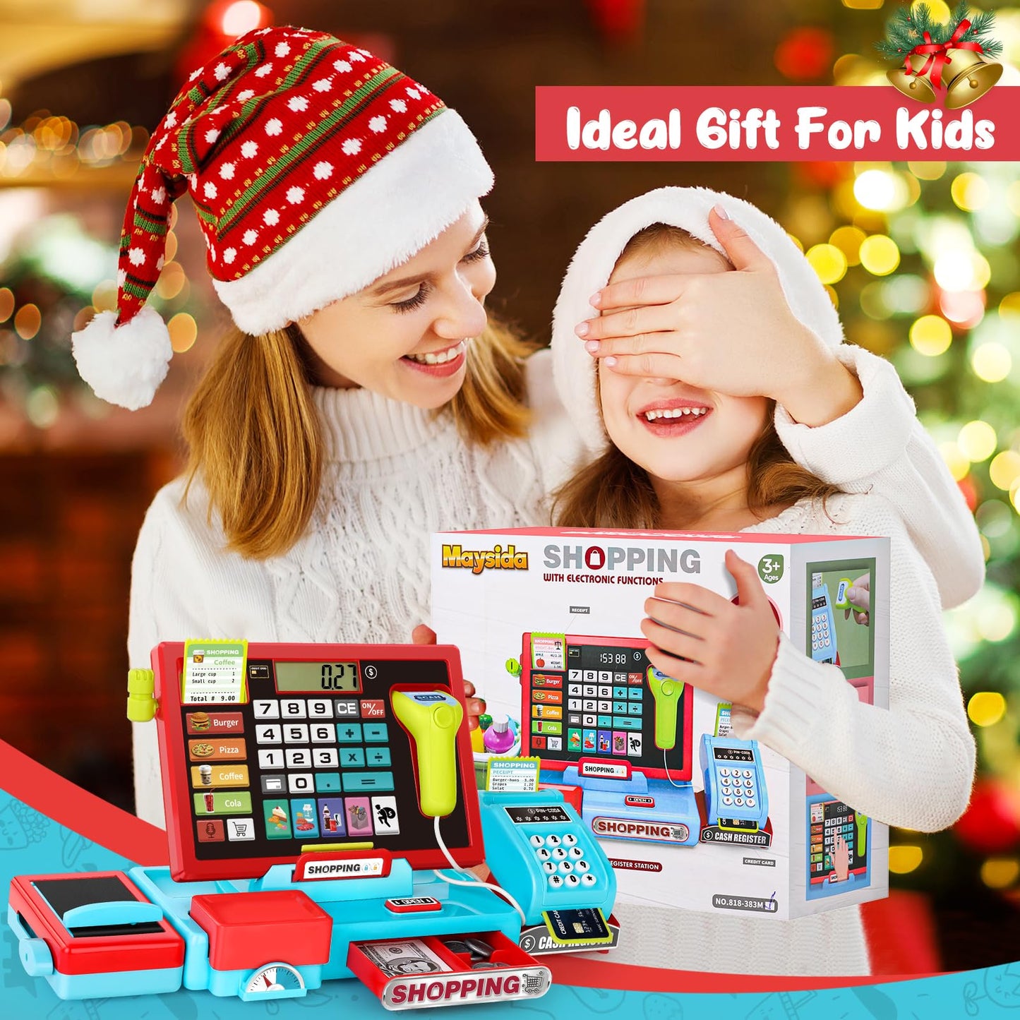 Maysida 52PCS Toy Cash Register with Sound & Scanner – Educational Pretend Play for Kids 3-8