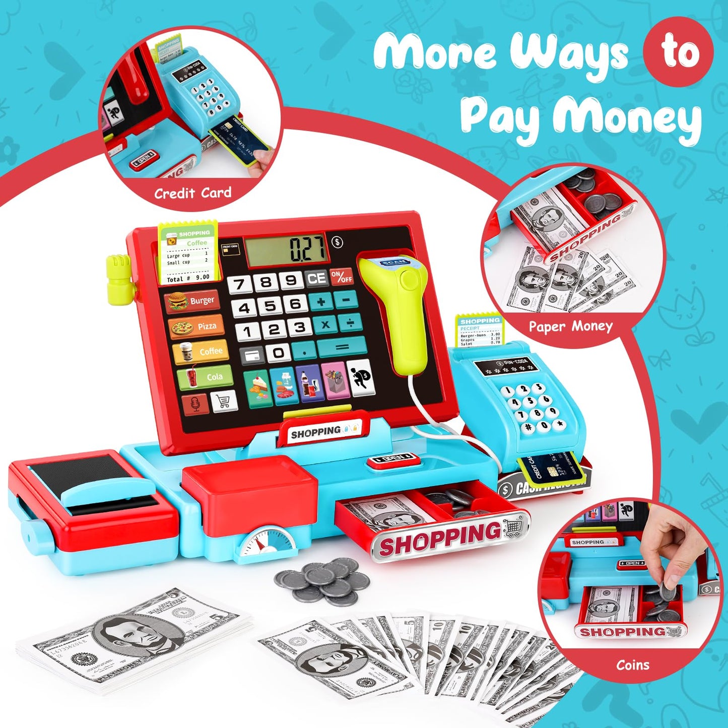 Maysida 52PCS Toy Cash Register with Sound & Scanner – Educational Pretend Play for Kids 3-8