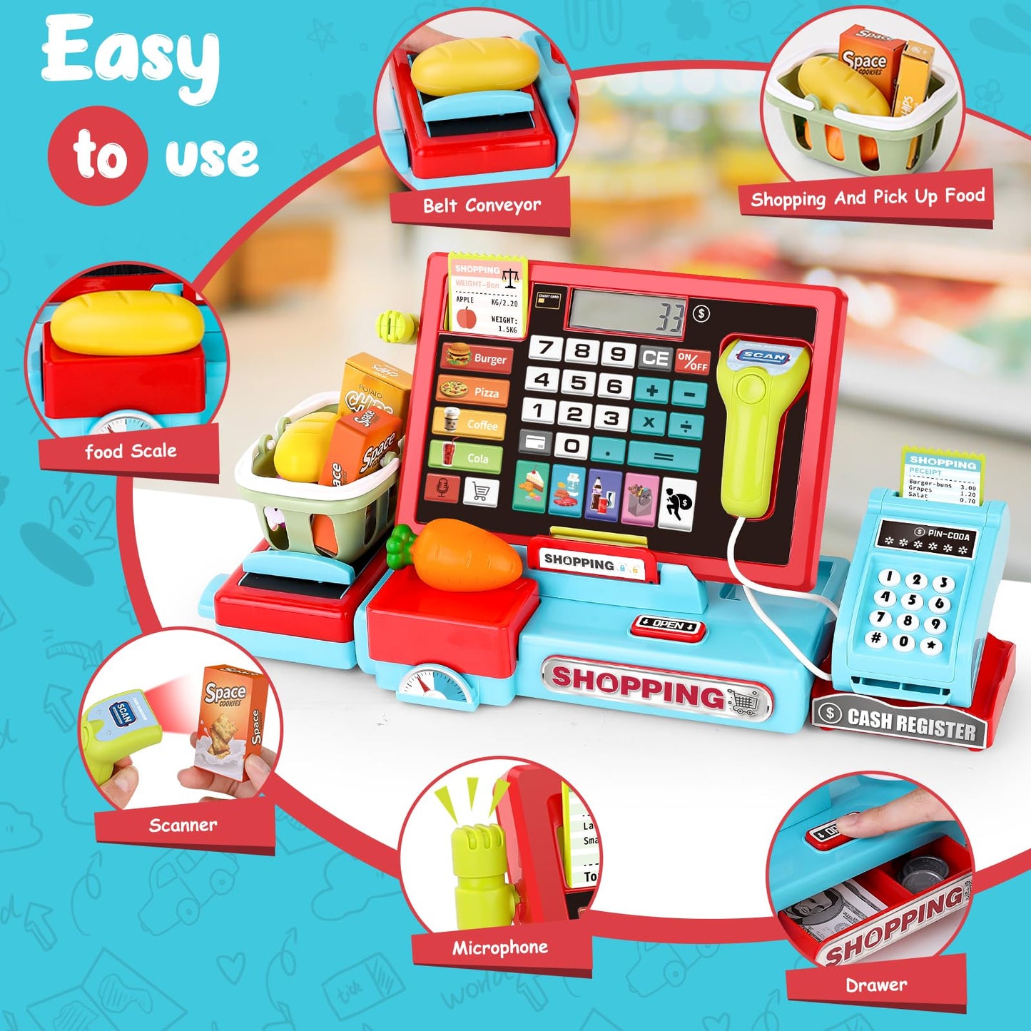 Maysida 52PCS Toy Cash Register with Sound & Scanner – Educational Pretend Play for Kids 3-8