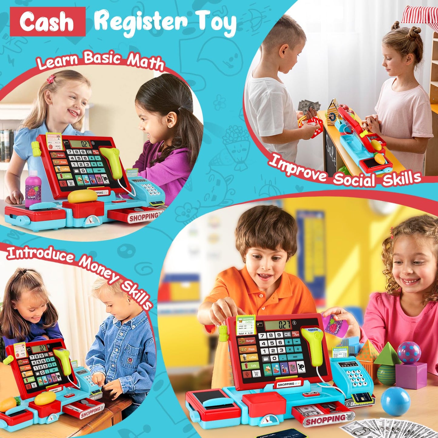 Maysida 52PCS Toy Cash Register with Sound & Scanner – Educational Pretend Play for Kids 3-8