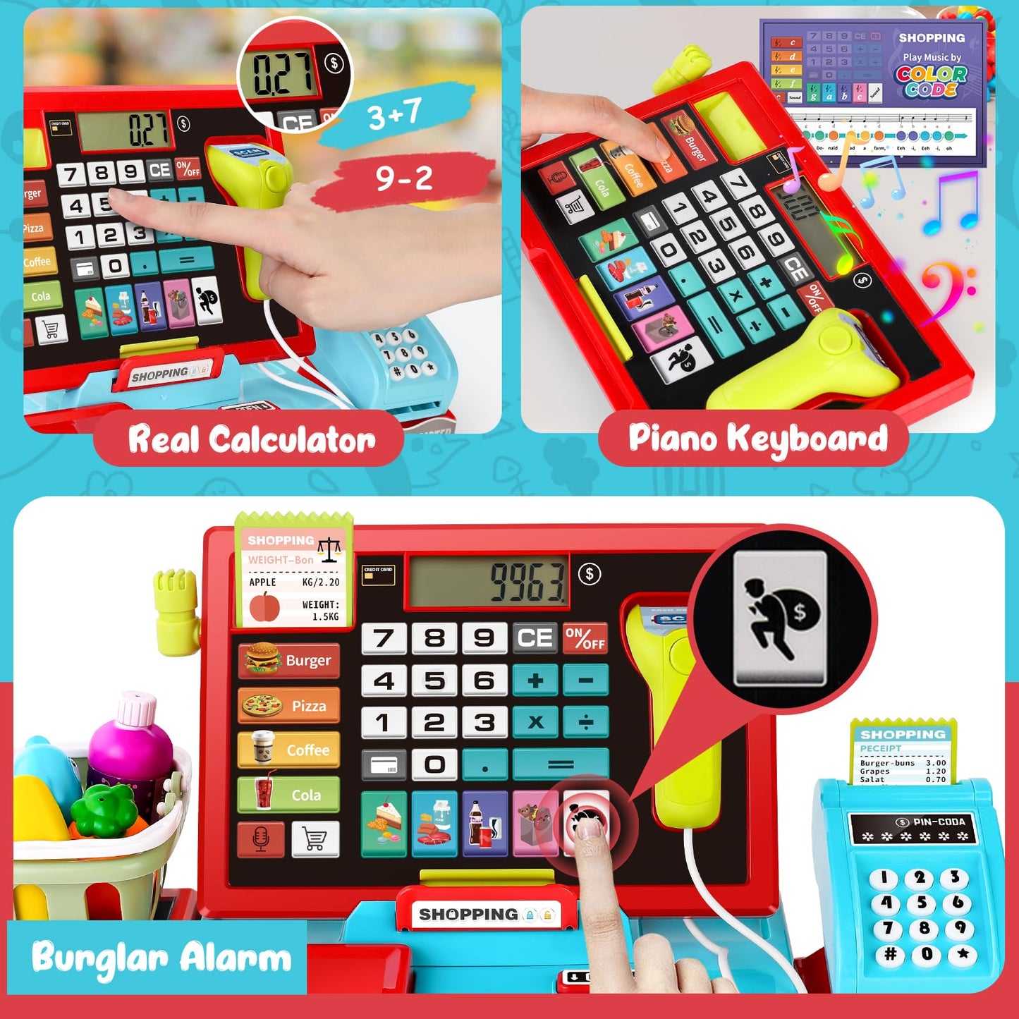 Maysida 52PCS Toy Cash Register with Sound & Scanner – Educational Pretend Play for Kids 3-8