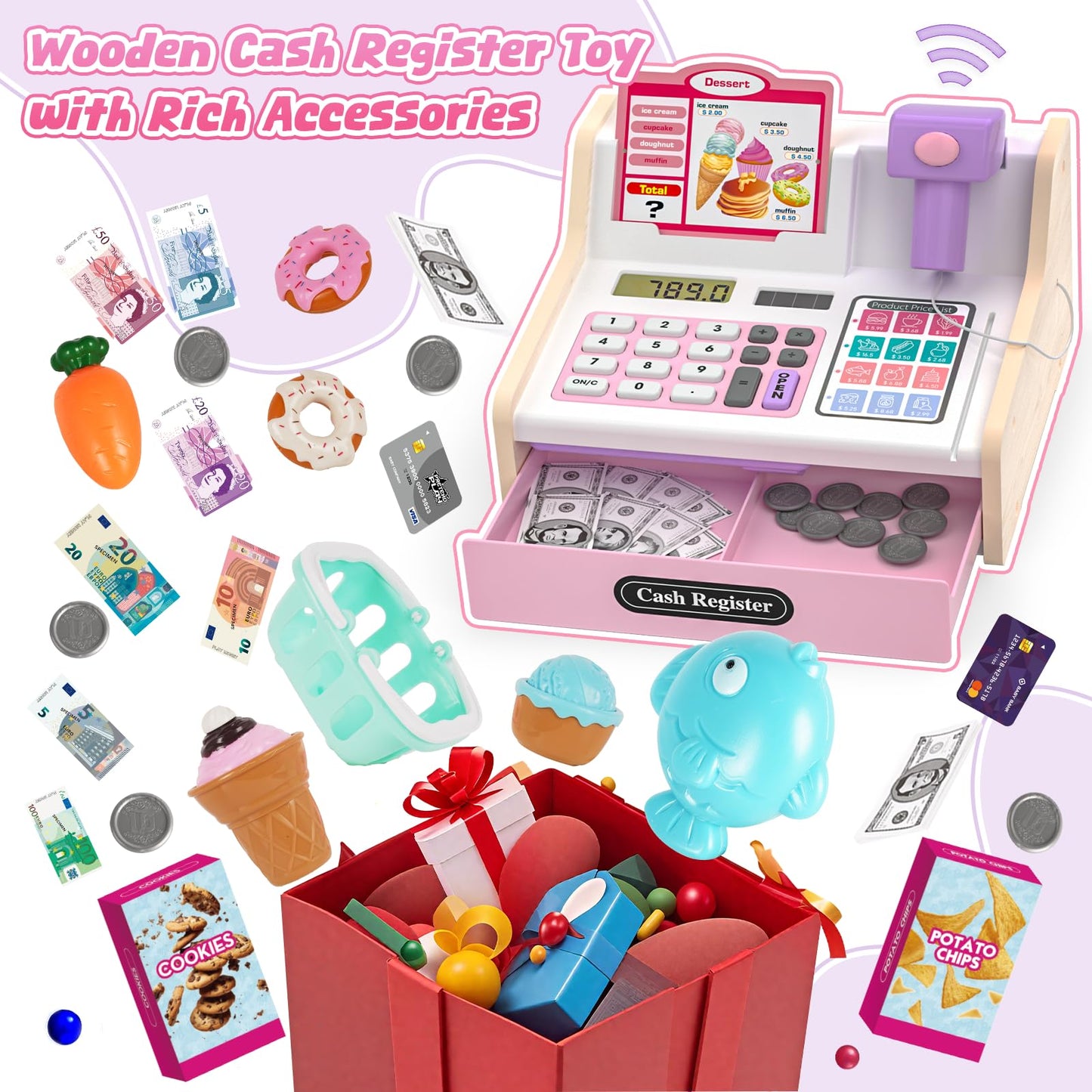Maysida Wooden Cash Register for Kids – Rechargeable Toy with Scanner & Fake Money (Pink)