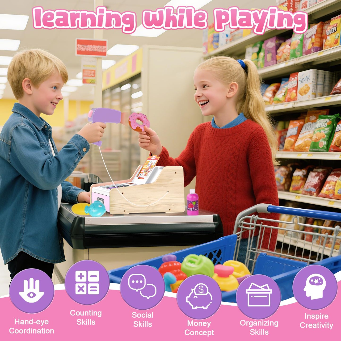 Maysida Wooden Cash Register for Kids – Rechargeable Toy with Scanner & Fake Money (Pink)