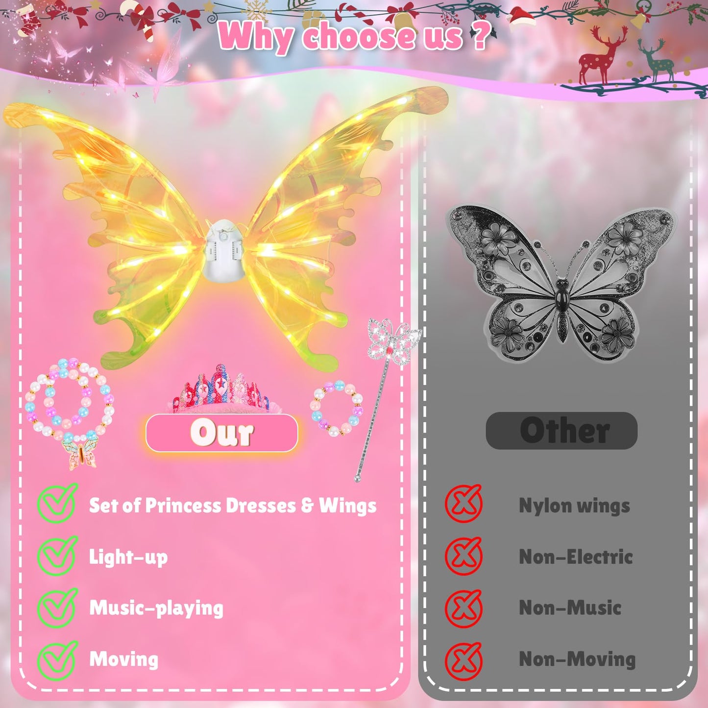 Maysida Princess Dress Up Costume with Electric LED Wings for Girls 3-8
