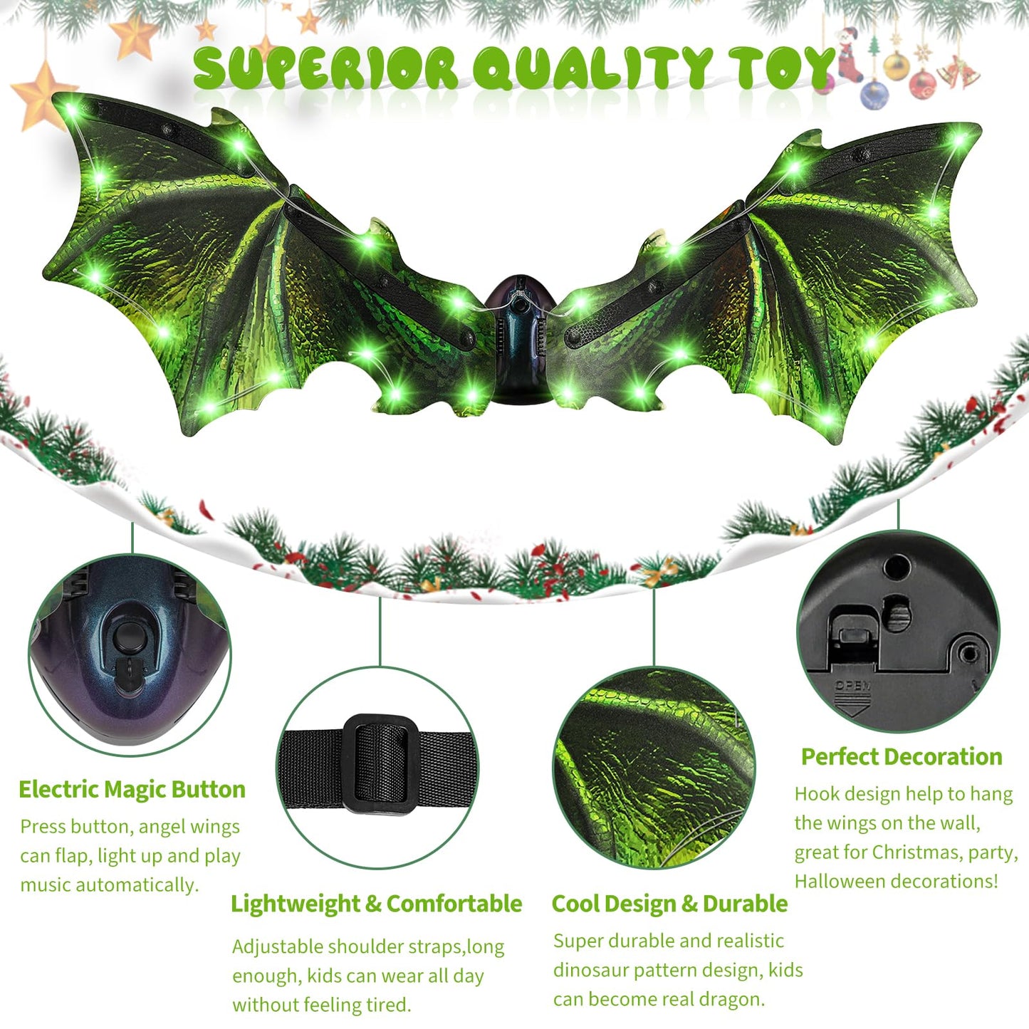 Maysida Toddler Electric Dragon Wings – LED Light, Music & Green Dino Dress-Up