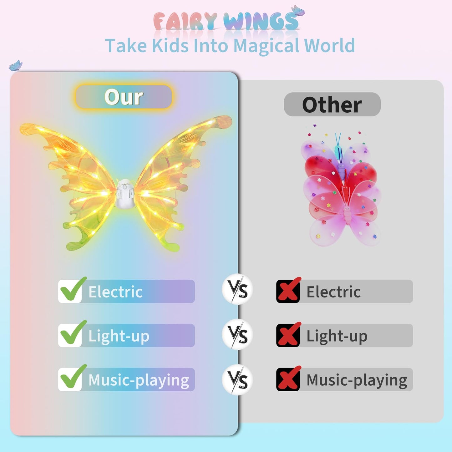maysida Electric Fairy Wings for Girls - LED Butterfly Wings with Music for Dress Up