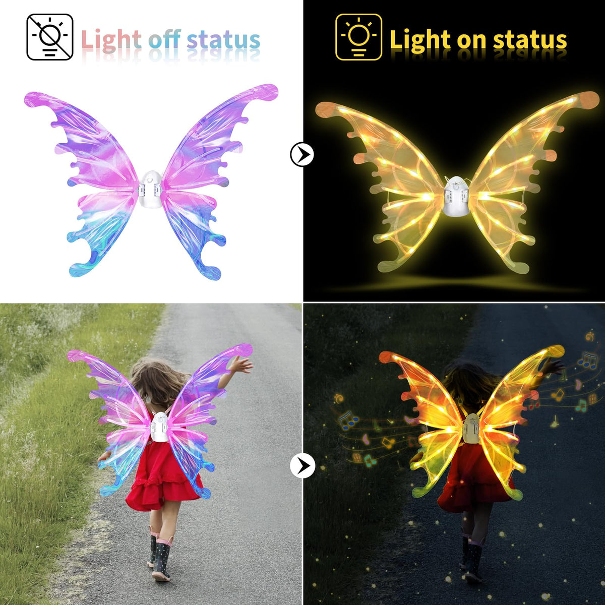 maysida Electric Fairy Wings for Girls - LED Butterfly Wings with Music for Dress Up