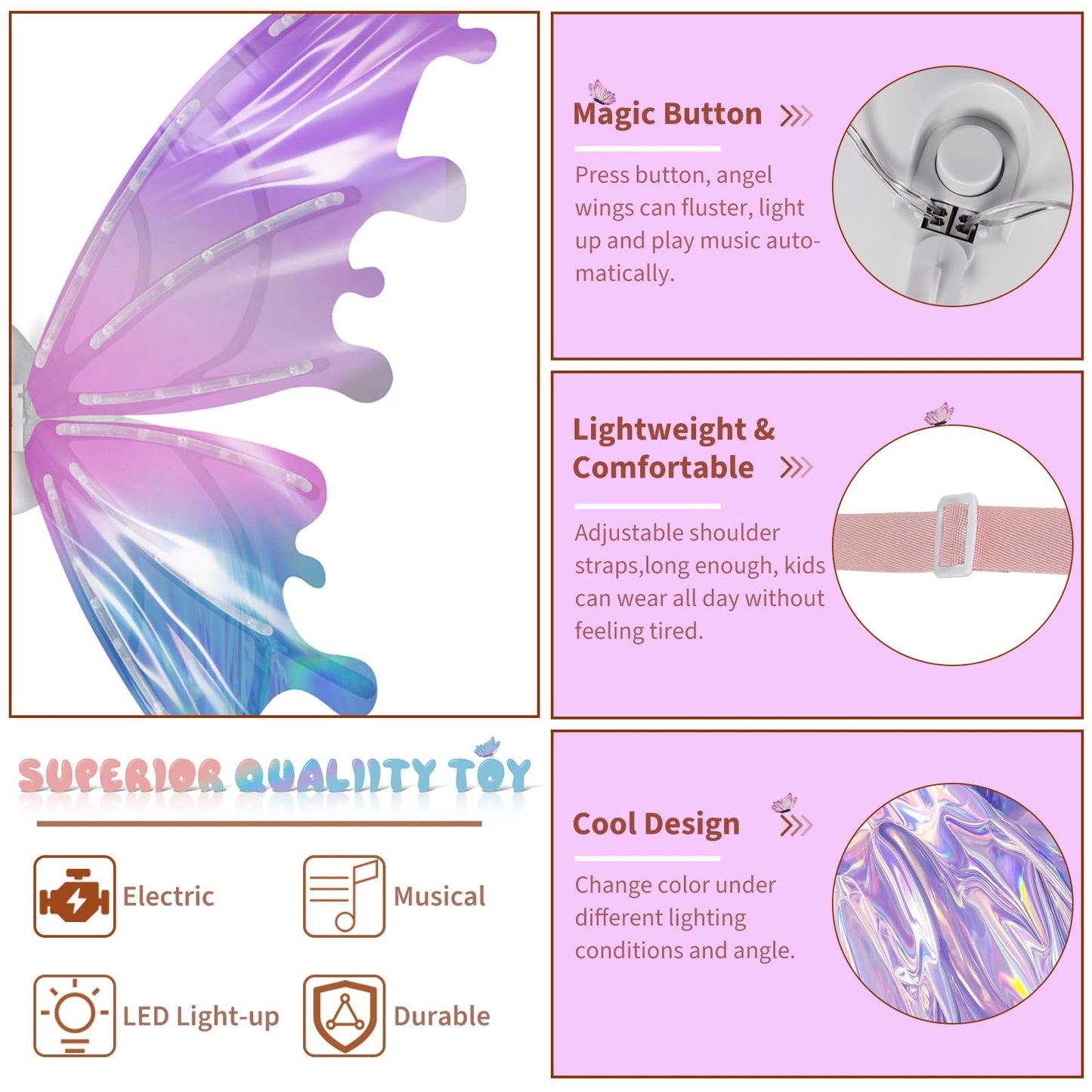 maysida Electric Fairy Wings for Girls - LED Butterfly Wings with Music for Dress Up