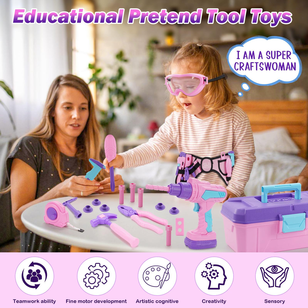 Maysida Kids Tool Set – 67 Pcs Pink Box, Pretend Play Construction Toys for Girls