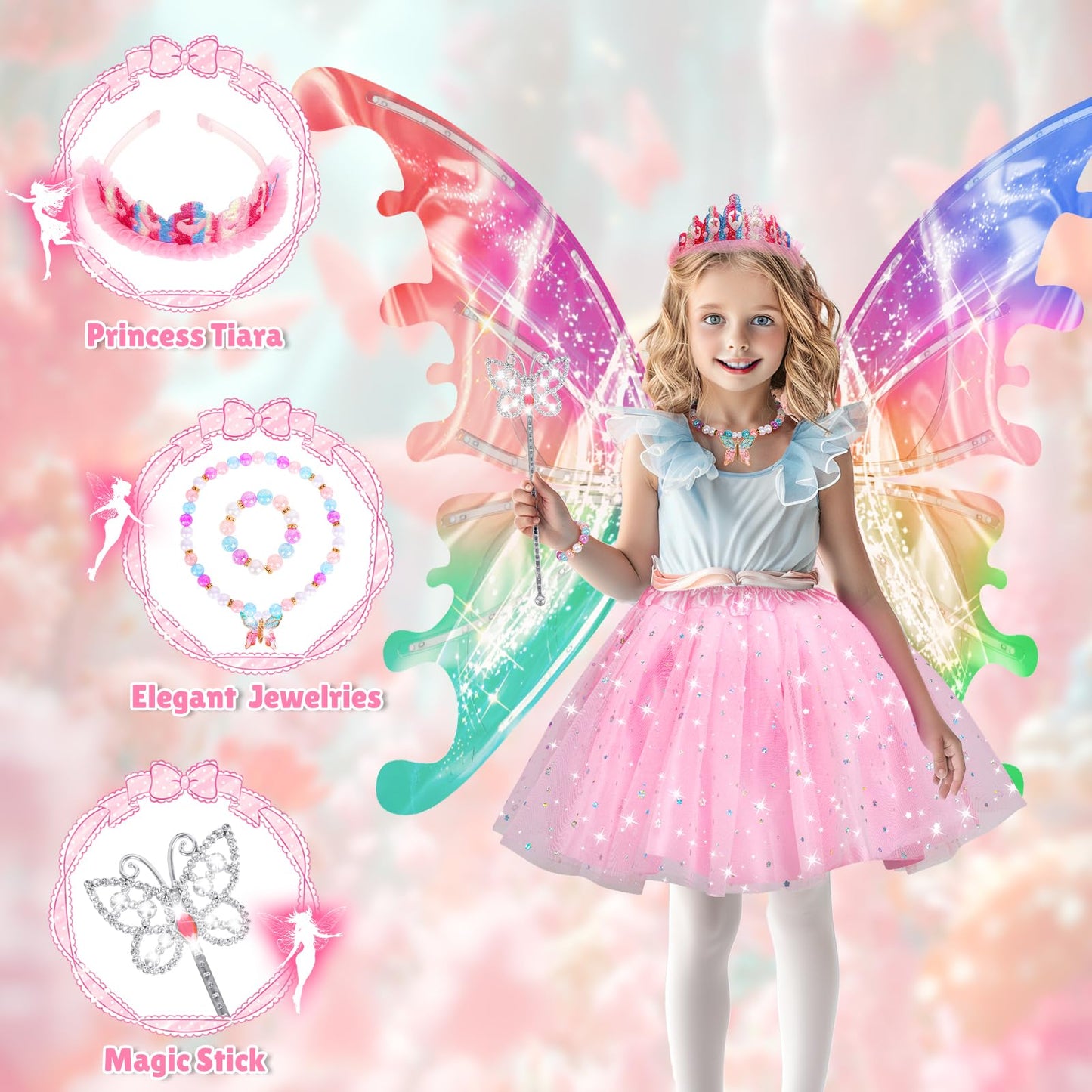 Maysida Princess Dress Up Costume with Electric LED Wings for Girls 3-8