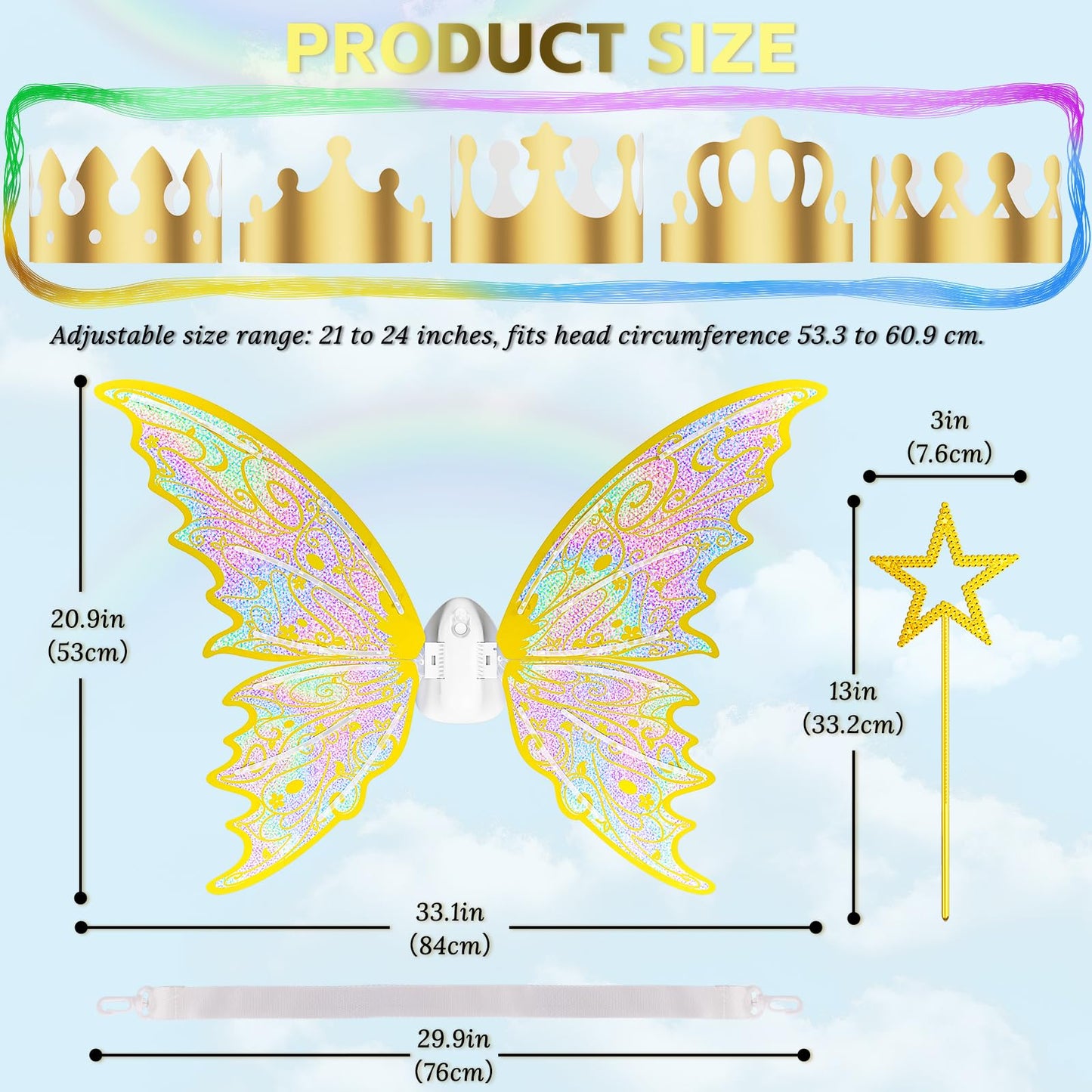 Maysida Gold Fairy Wings for Kids & Adults – Light-Up Sparkling Wings with Wand, Crown & Butterfly Set