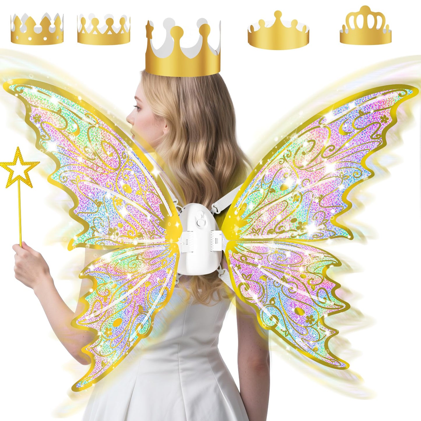 Maysida Gold Fairy Wings for Kids & Adults – Light-Up Sparkling Wings with Wand, Crown & Butterfly Set