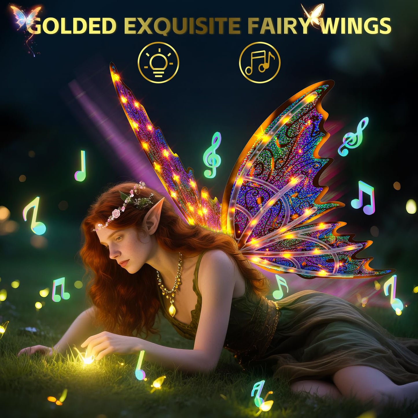 Maysida Gold Fairy Wings for Kids & Adults – Light-Up Sparkling Wings with Wand, Crown & Butterfly Set