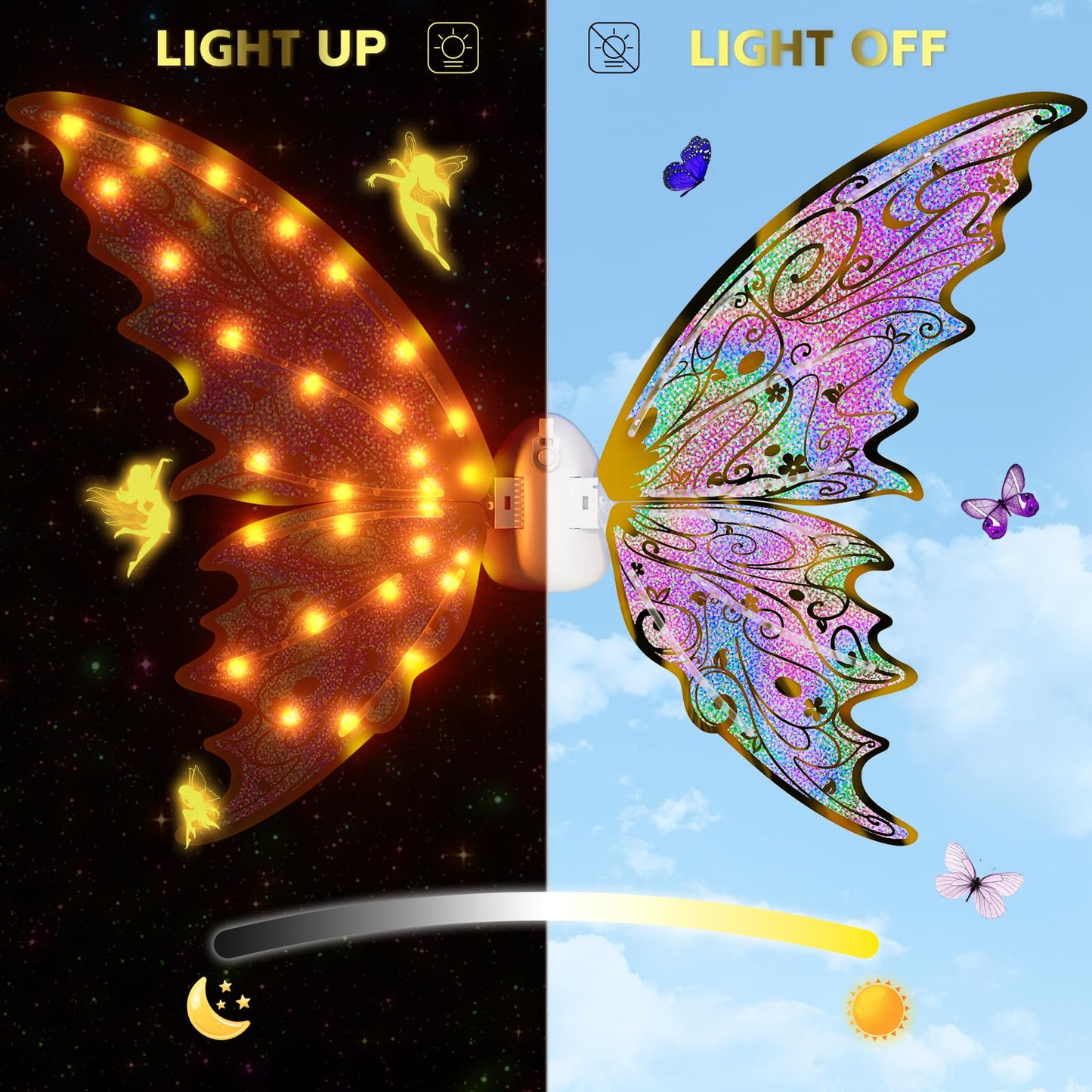 Maysida Gold Fairy Wings for Kids & Adults – Light-Up Sparkling Wings with Wand, Crown & Butterfly Set