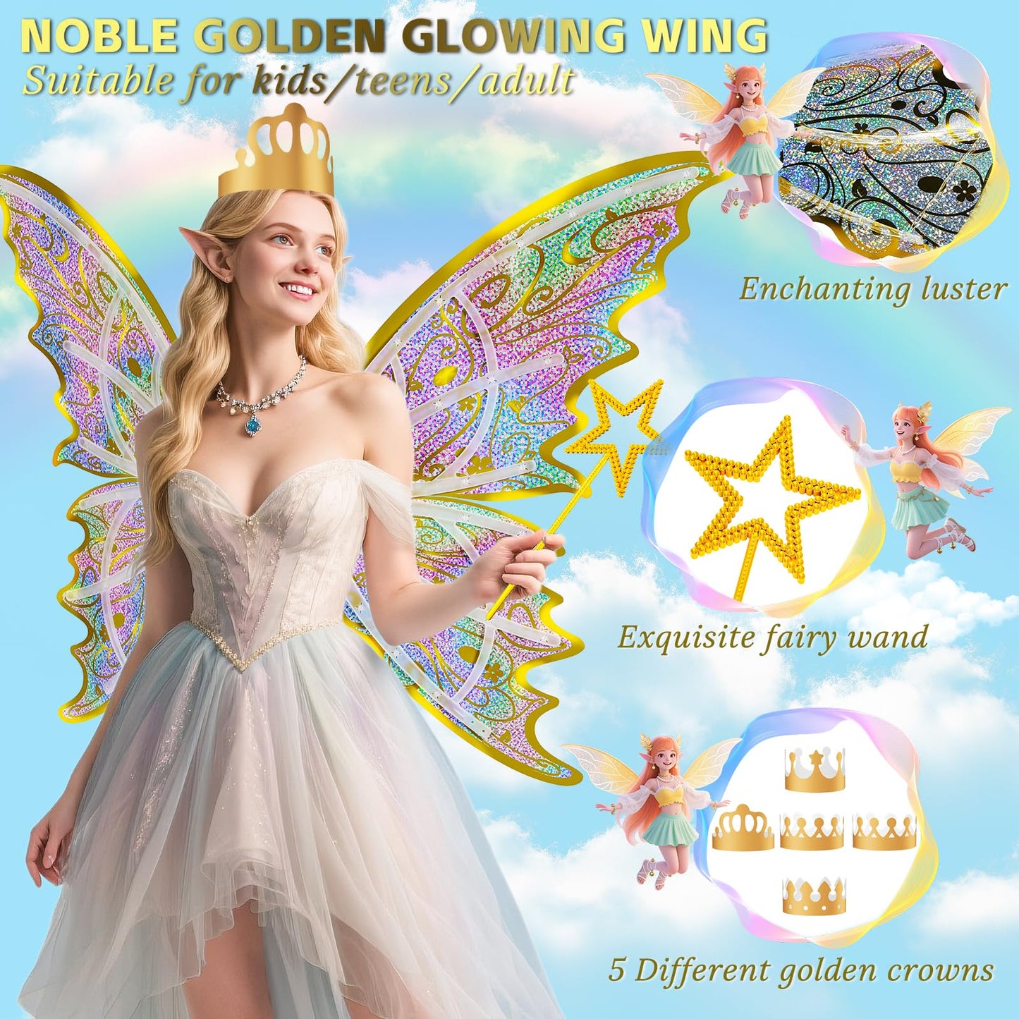 Maysida Gold Fairy Wings for Kids & Adults – Light-Up Sparkling Wings with Wand, Crown & Butterfly Set