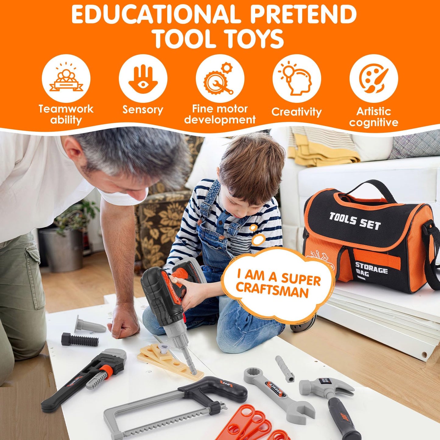 Maysida 48-Piece Kids Tool Set | Realistic Pretend Play Kit for Builders (Ages 3+)